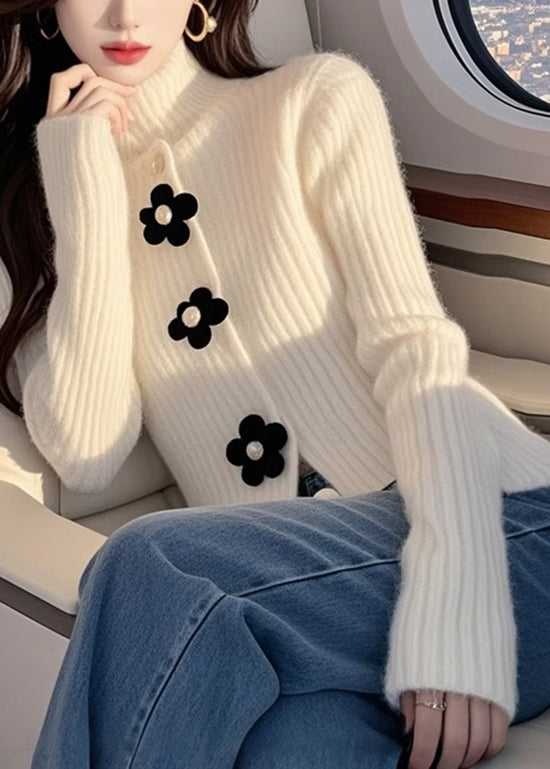 French White Hign Neck Floral Knit Sweaters Top Spring TN018