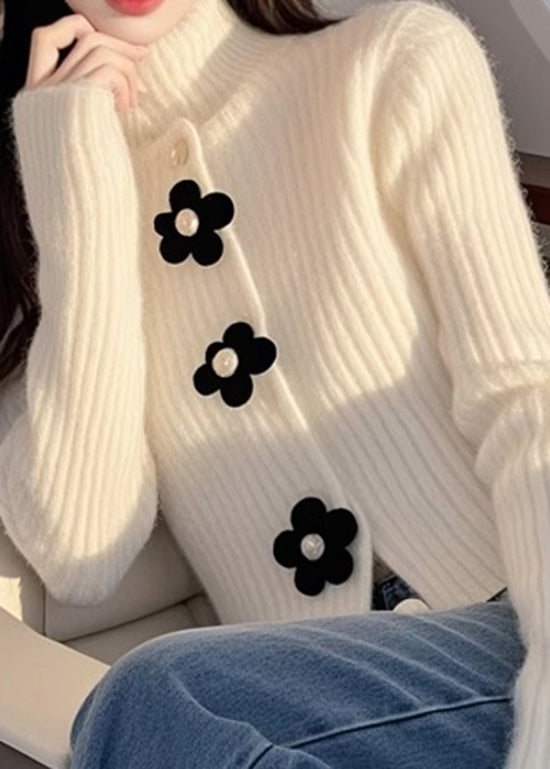 French White Hign Neck Floral Knit Sweaters Top Spring TN018