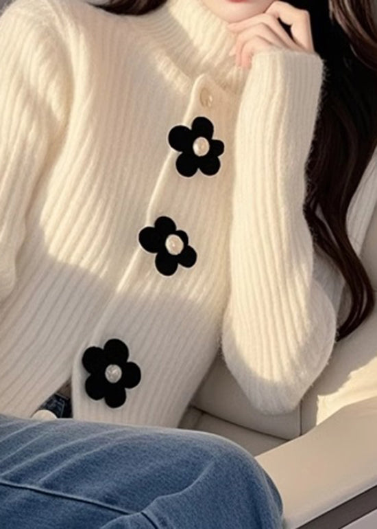 French White Hign Neck Floral Knit Sweaters Top Spring TN018