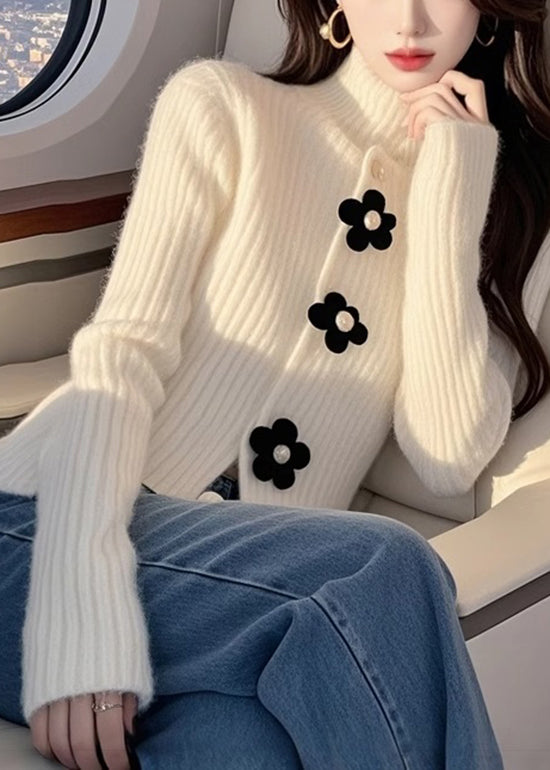 French White Hign Neck Floral Knit Sweaters Top Spring TN018