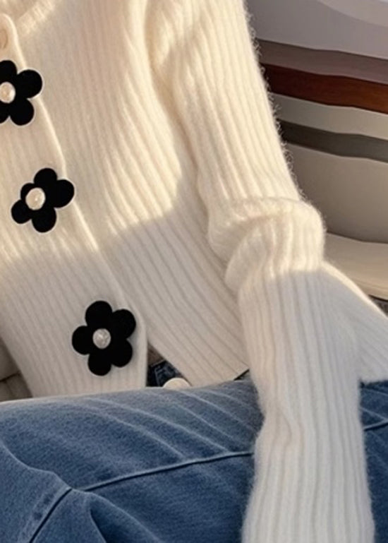 French White Hign Neck Floral Knit Sweaters Top Spring TN018