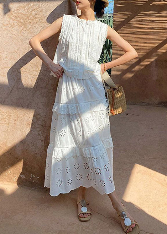 Set Cotton And Pieces White Blouses Two Out Hollow Skirts French