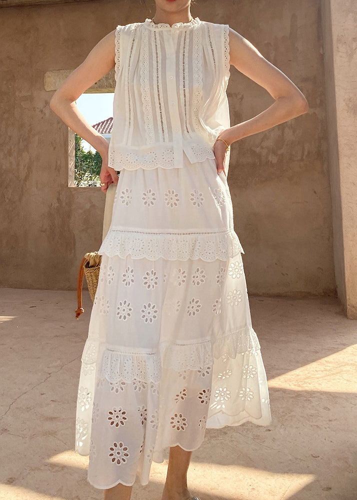 Set Cotton And Pieces White Blouses Two Out Hollow Skirts French