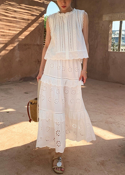 Set Cotton And Pieces White Blouses Two Out Hollow Skirts French