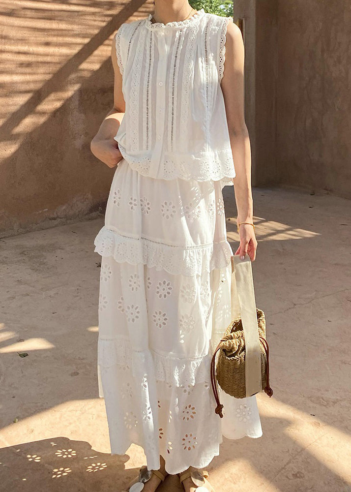 Set Cotton And Pieces White Blouses Two Out Hollow Skirts French