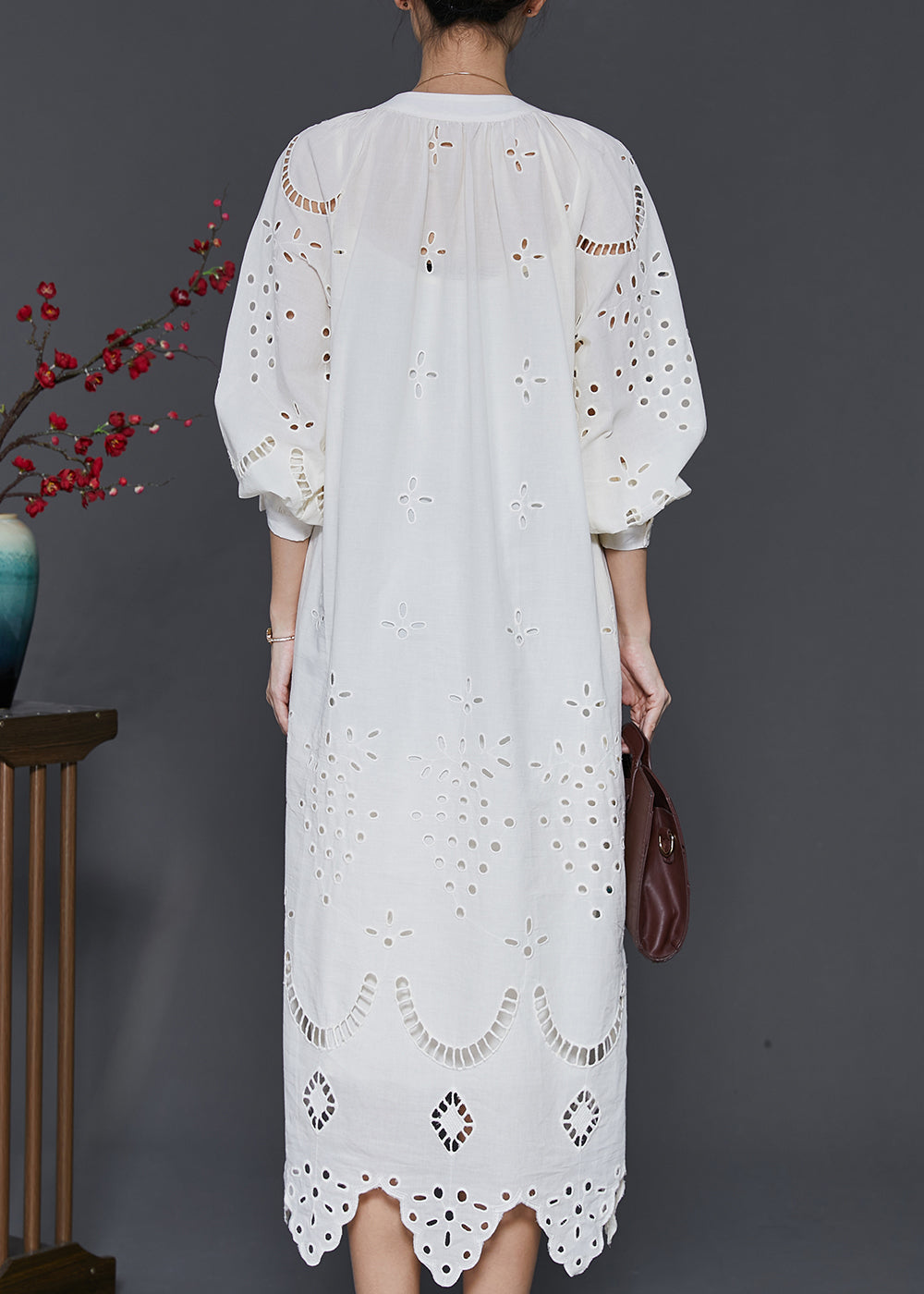 French White Hollow Out Cotton Long Dress Spring SD1031