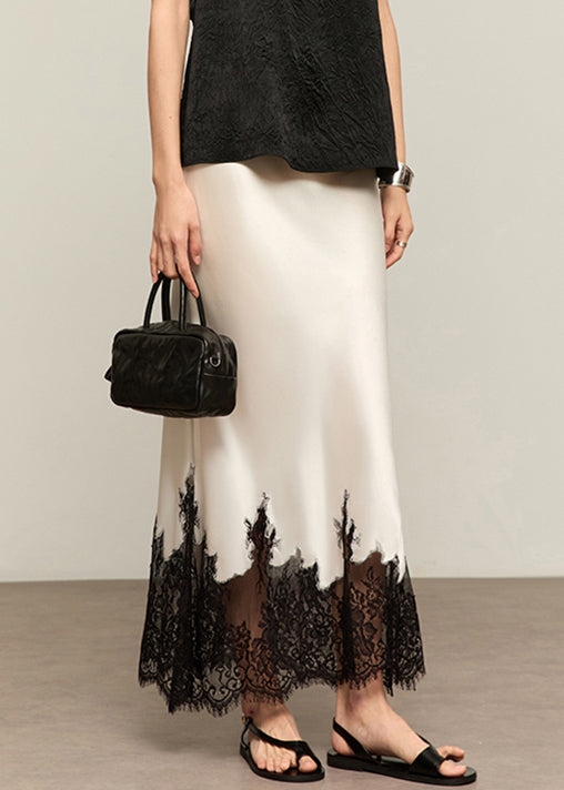 Summer White French High Lace Patchwork Silk Skirts Waist