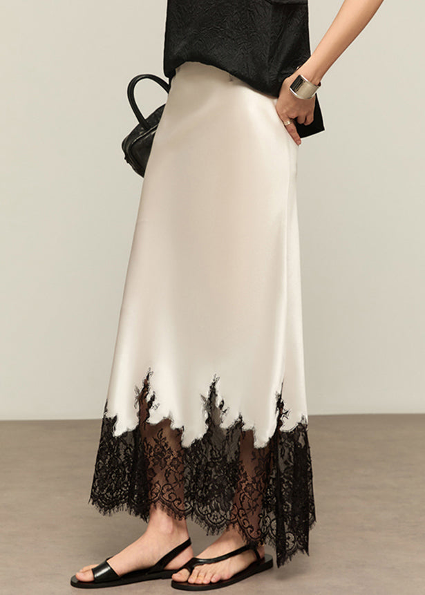 Summer White French High Lace Patchwork Silk Skirts Waist