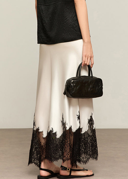 Summer White French High Lace Patchwork Silk Skirts Waist