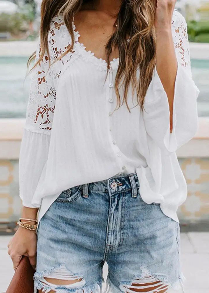 Flare Patchwork Sleeve White French Shirts Lace