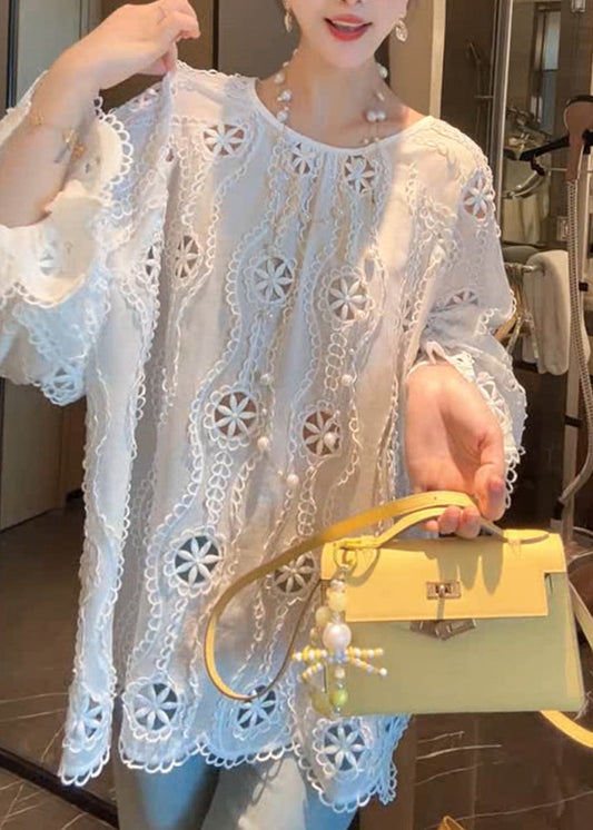 Flare Shirt Sleeve O Out French Cotton Hollow White Neck