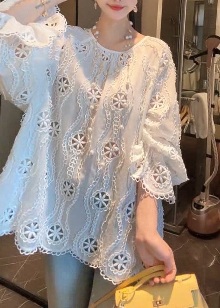Flare Shirt Sleeve O Out French Cotton Hollow White Neck