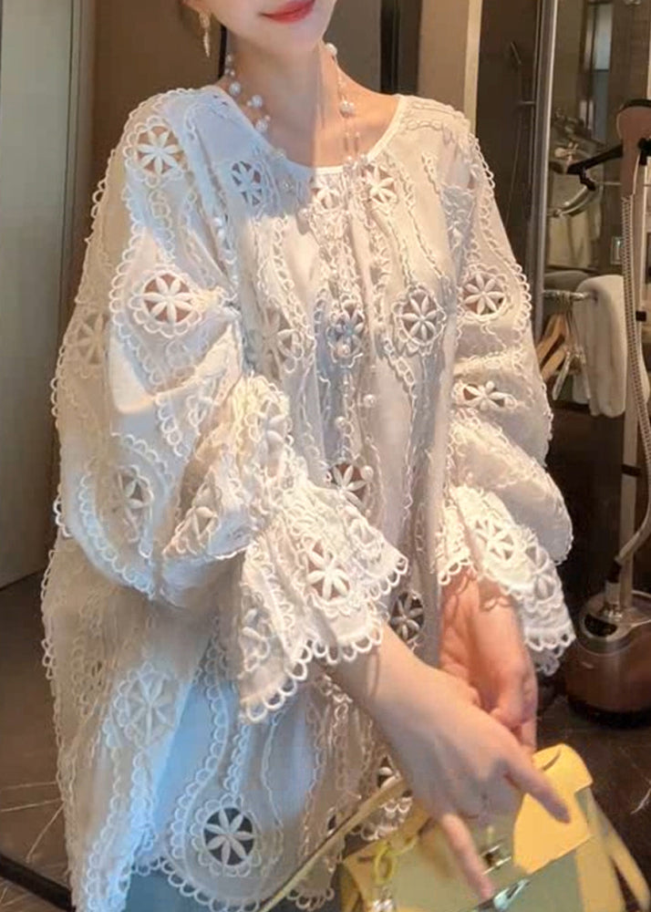 Flare Shirt Sleeve O Out French Cotton Hollow White Neck