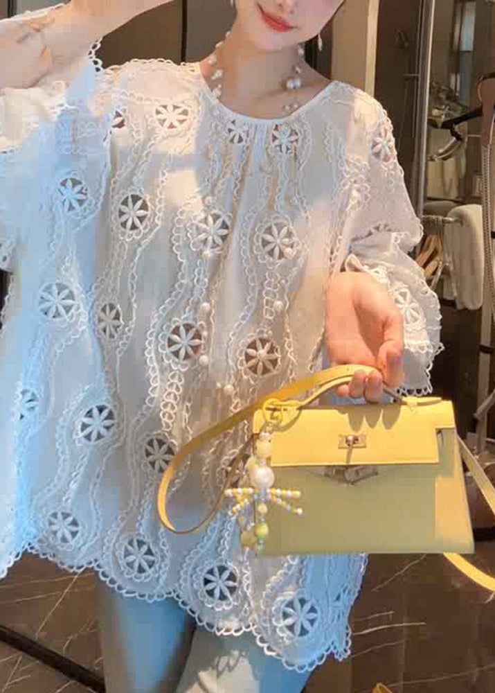 Flare Shirt Sleeve O Out French Cotton Hollow White Neck