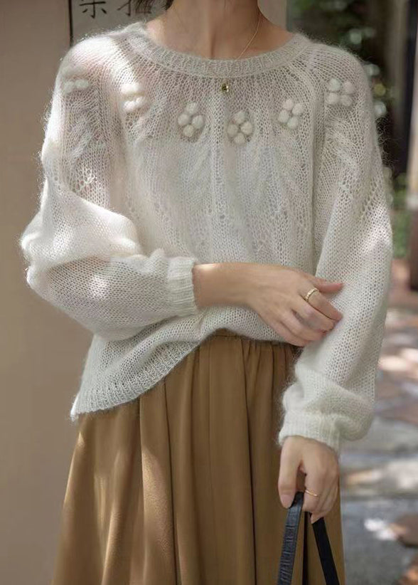 French White O Neck Hollow Out Patchwork Knit Sweaters Long Sleeve TU025