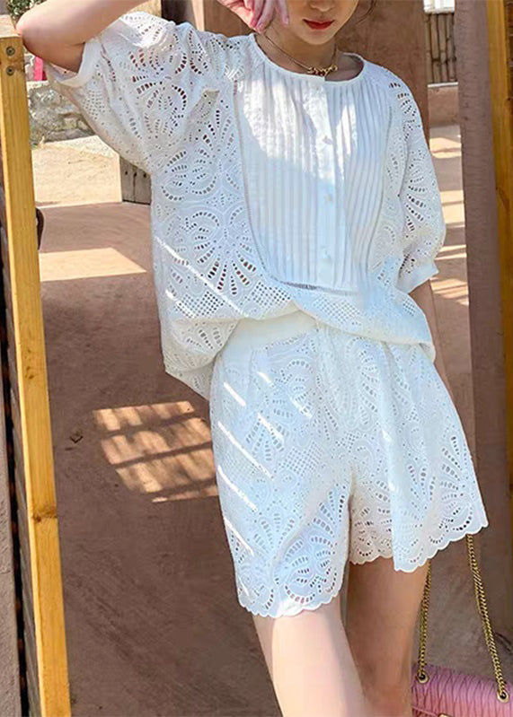 Shirt Pieces French Short Set O-Neck And Sleeve White Two Shorts