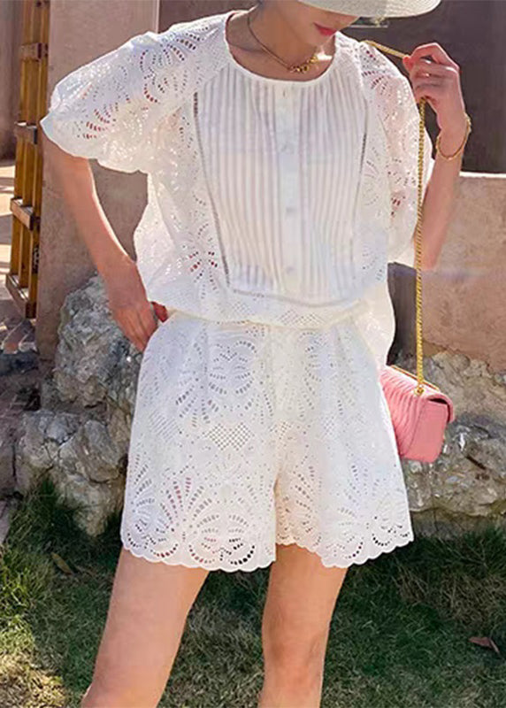 Shirt Pieces French Short Set O-Neck And Sleeve White Two Shorts