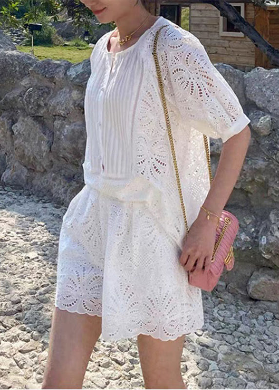 Shirt Pieces French Short Set O-Neck And Sleeve White Two Shorts
