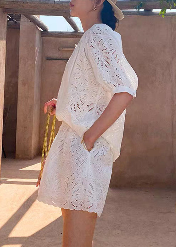 Shirt Pieces French Short Set O-Neck And Sleeve White Two Shorts