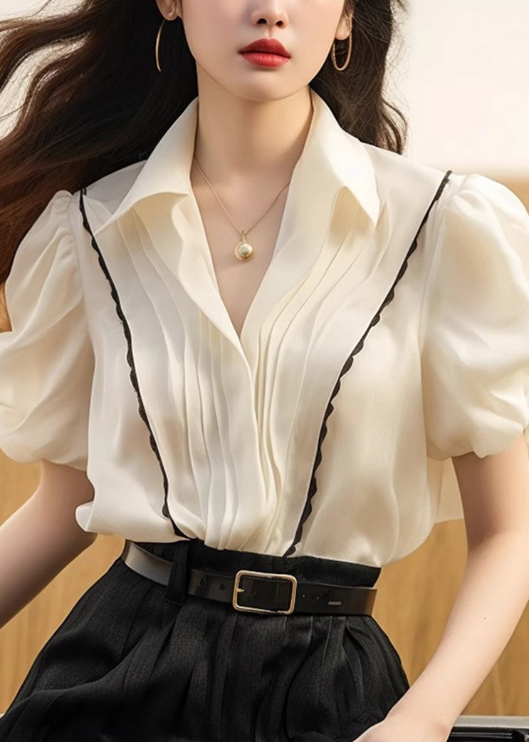 White Silk Peter Tops Summer French Patchwork Pan Collar Wrinkled