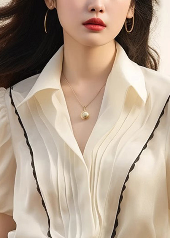 White Silk Peter Tops Summer French Patchwork Pan Collar Wrinkled