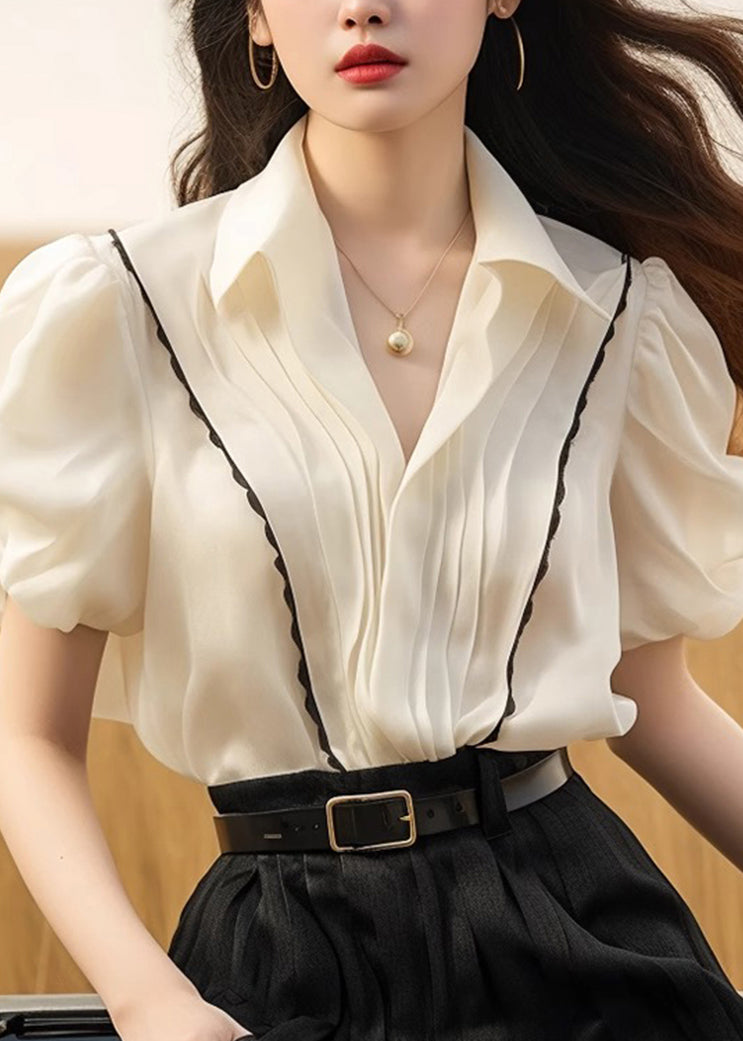 White Silk Peter Tops Summer French Patchwork Pan Collar Wrinkled