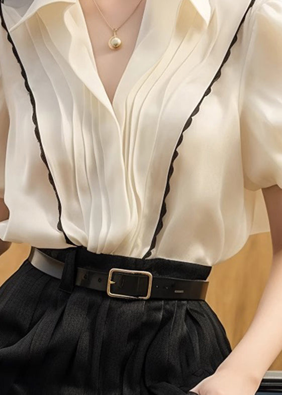 White Silk Peter Tops Summer French Patchwork Pan Collar Wrinkled
