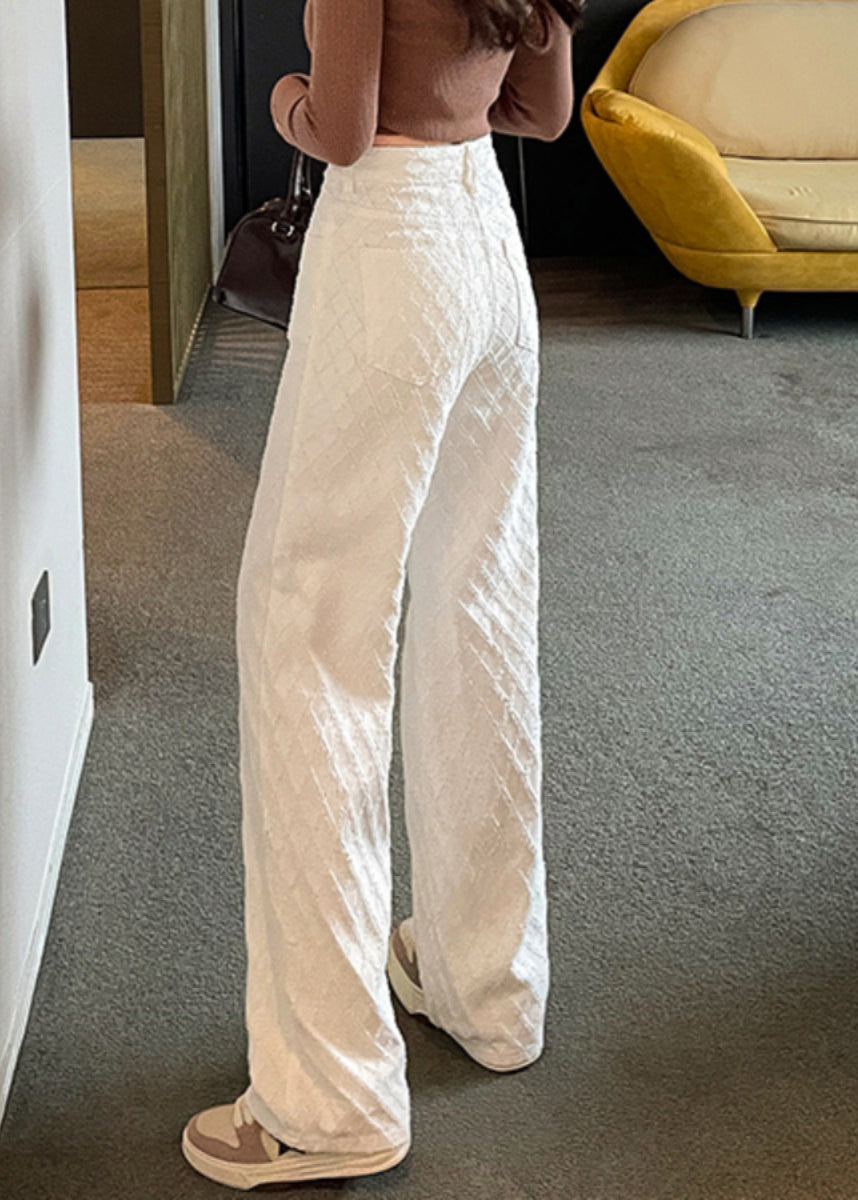 French White Pockets High Waist Denim Straight Pants Spring YF007