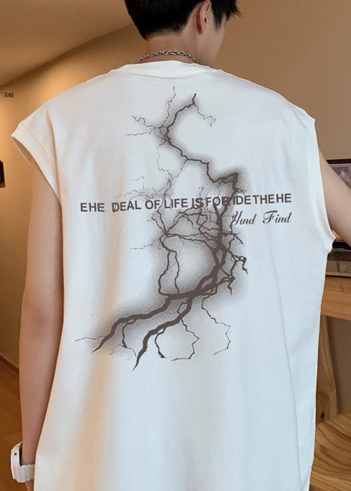 White Men's Print Sleeveless French Oversized Tanks Cotton