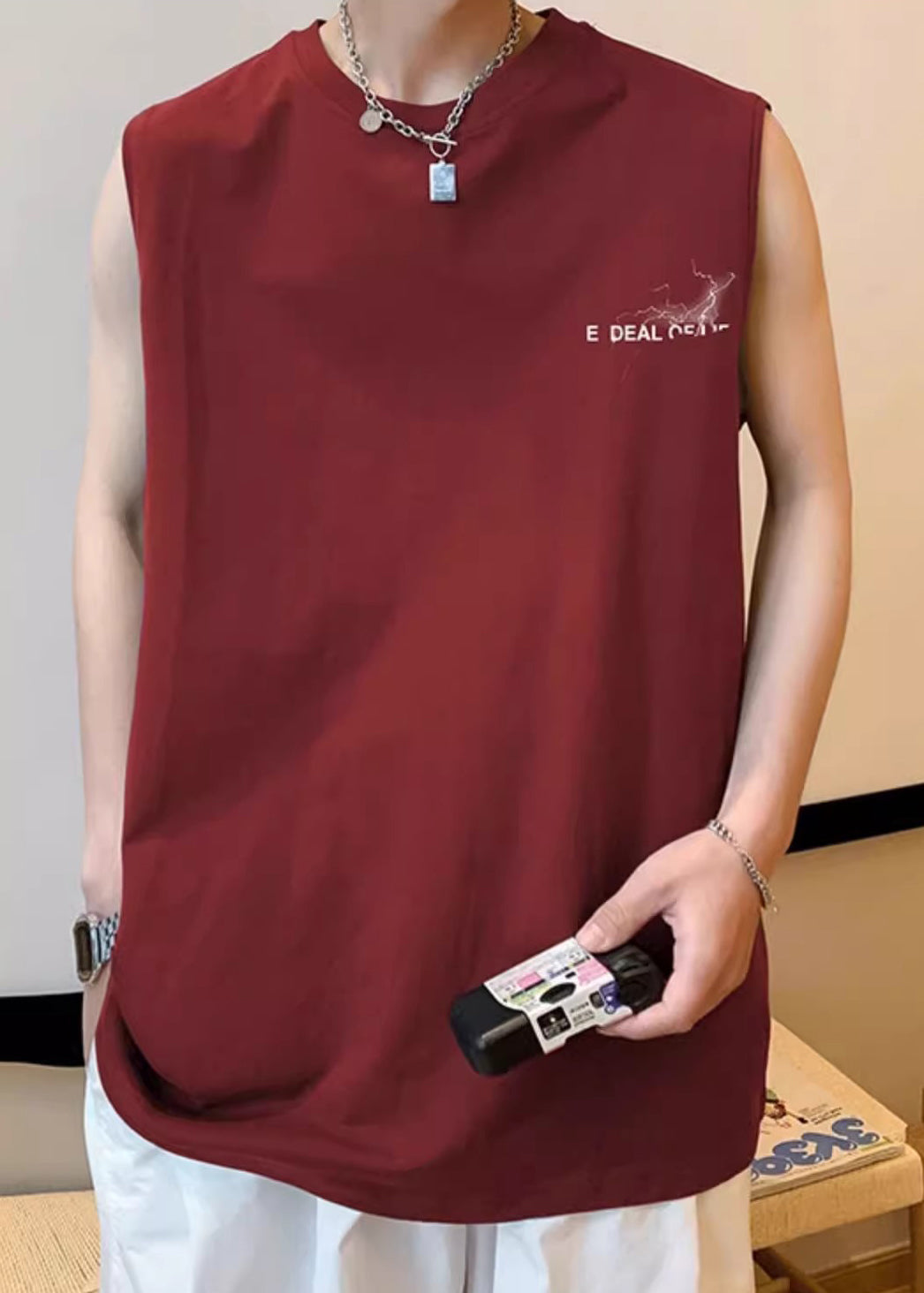 White Men's Print Sleeveless French Oversized Tanks Cotton