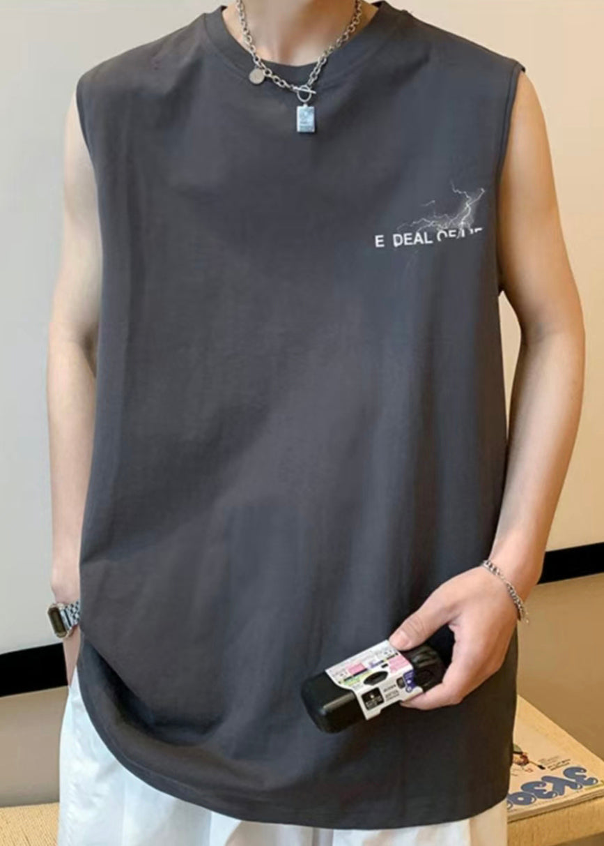 White Men's Print Sleeveless French Oversized Tanks Cotton