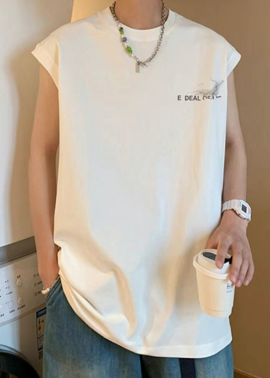 White Men's Print Sleeveless French Oversized Tanks Cotton