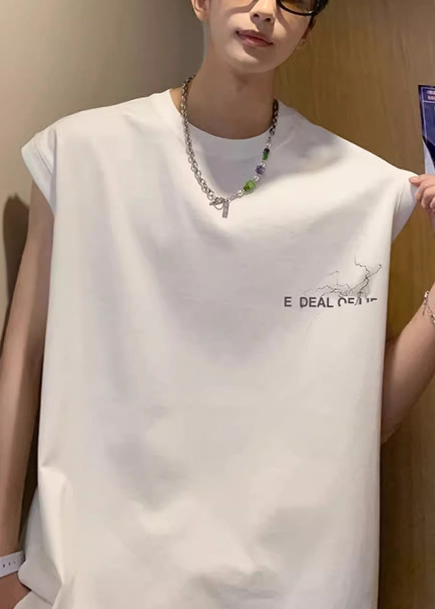 White Men's Print Sleeveless French Oversized Tanks Cotton