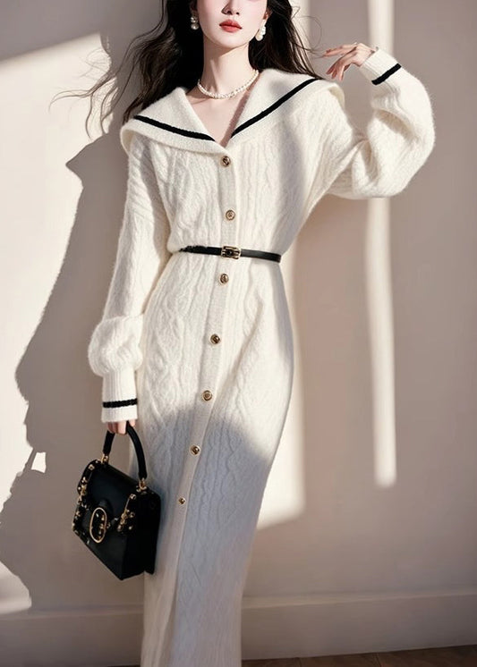Knit French White Fall Collar Sailor Sweater Button Dress