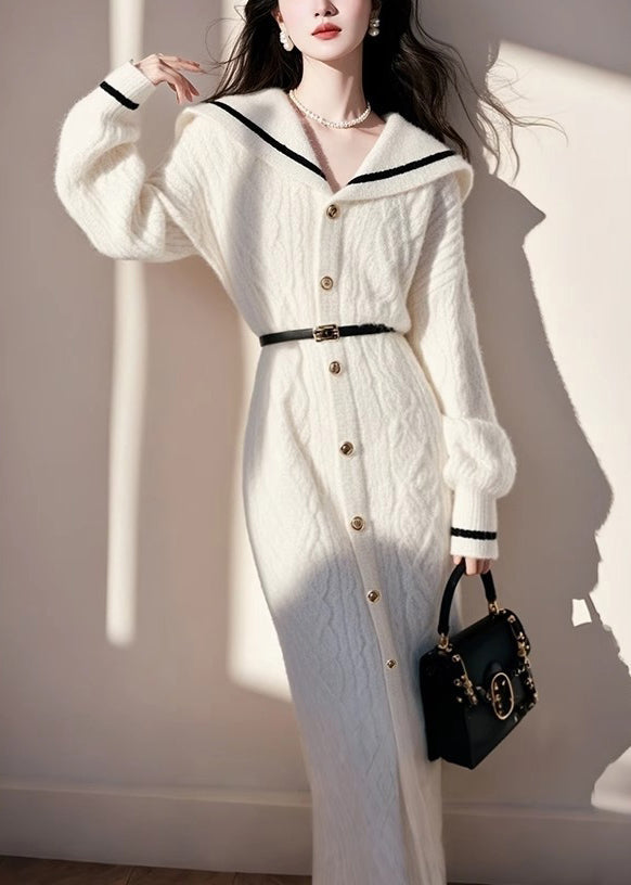Knit French White Fall Collar Sailor Sweater Button Dress