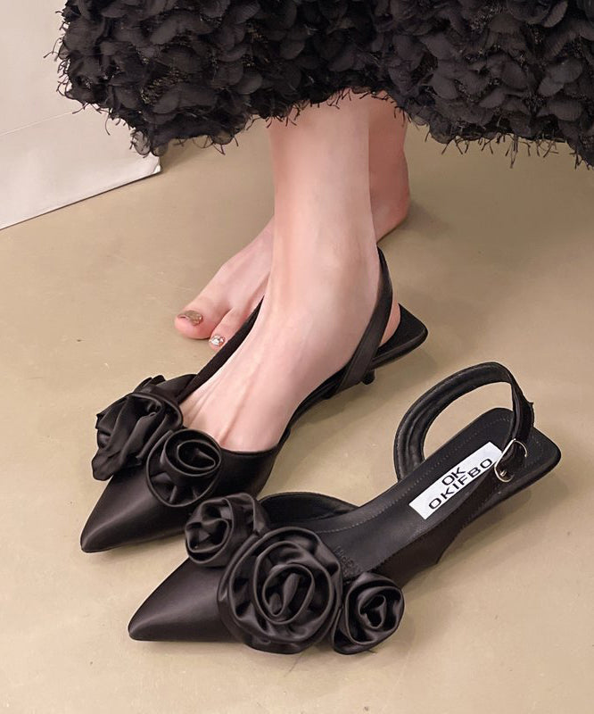 Pointed Satin Toe Sandals French Splicing Floral White