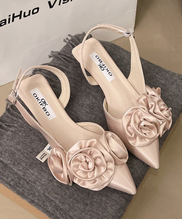 Pointed Satin Toe Sandals French Splicing Floral White