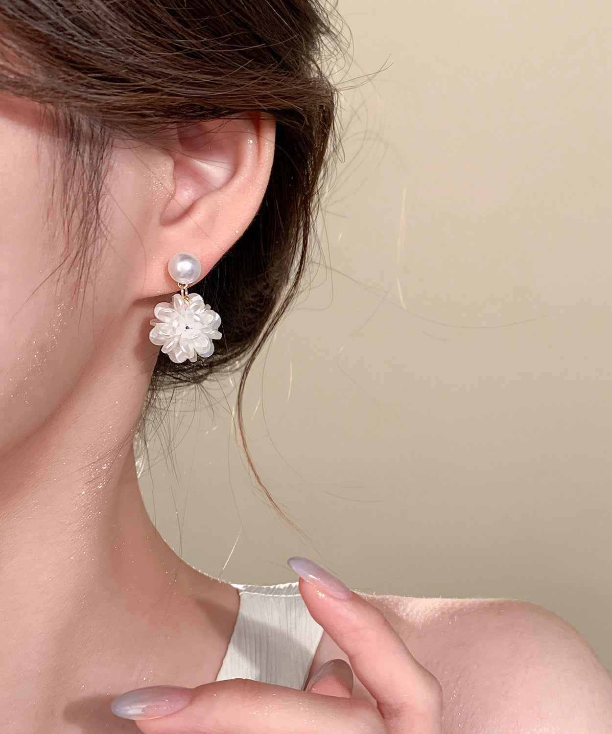 Pearl French Earrings Sterling White Resin Silver Hydrangea Stud