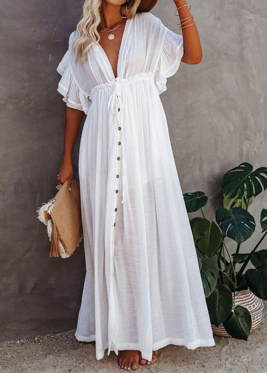 V White Short Sleeve Neck French Button Dress Maxi