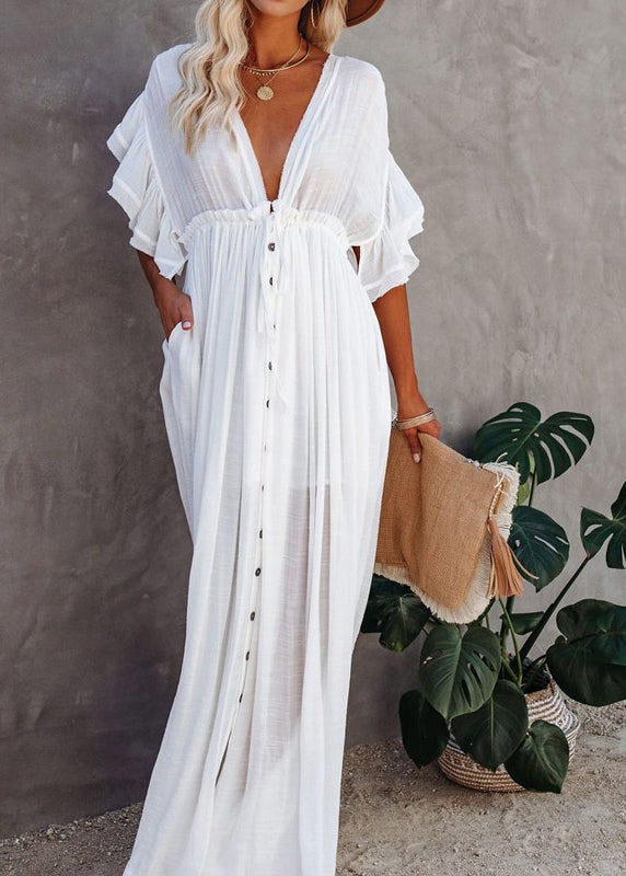 Maxi Button V Dress Sleeve French Short Neck White