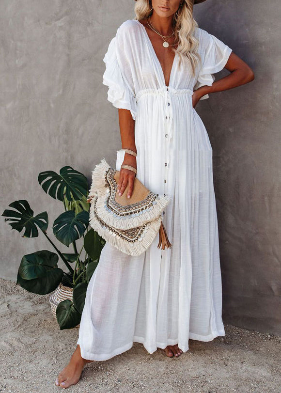 V White Short Sleeve Neck French Button Dress Maxi