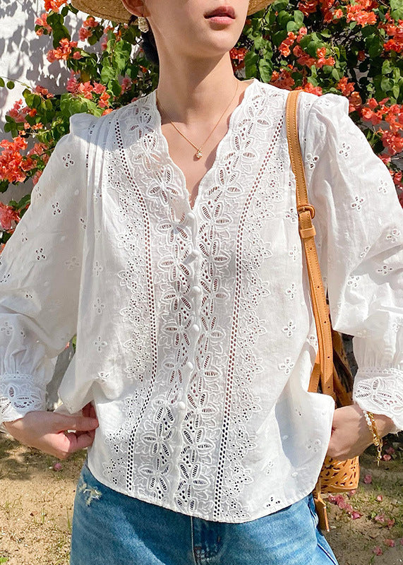 Out Spring French Cotton Neck Shirt Embroidered Hollow V White