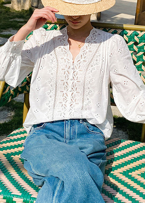 Out Spring French Cotton Neck Shirt Embroidered Hollow V White