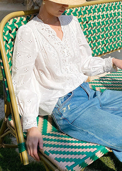 Out Spring French Cotton Neck Shirt Embroidered Hollow V White