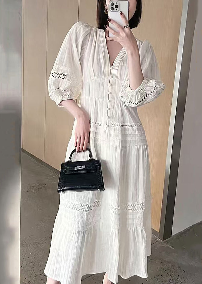 Hollow Bracelet V Cotton Out White Sleeve French Neck Dress