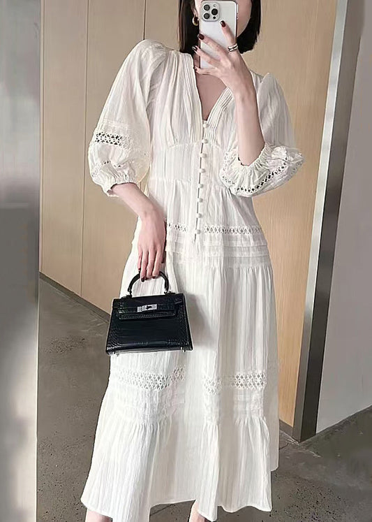 Hollow Bracelet V Cotton Out White Sleeve French Neck Dress