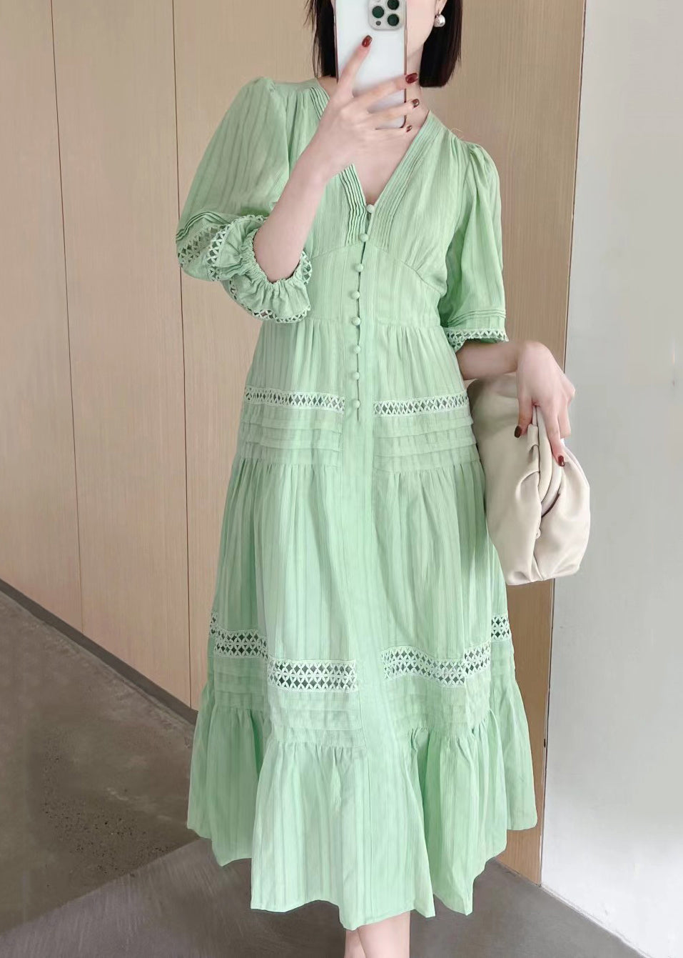 Hollow Bracelet V Cotton Out White Sleeve French Neck Dress