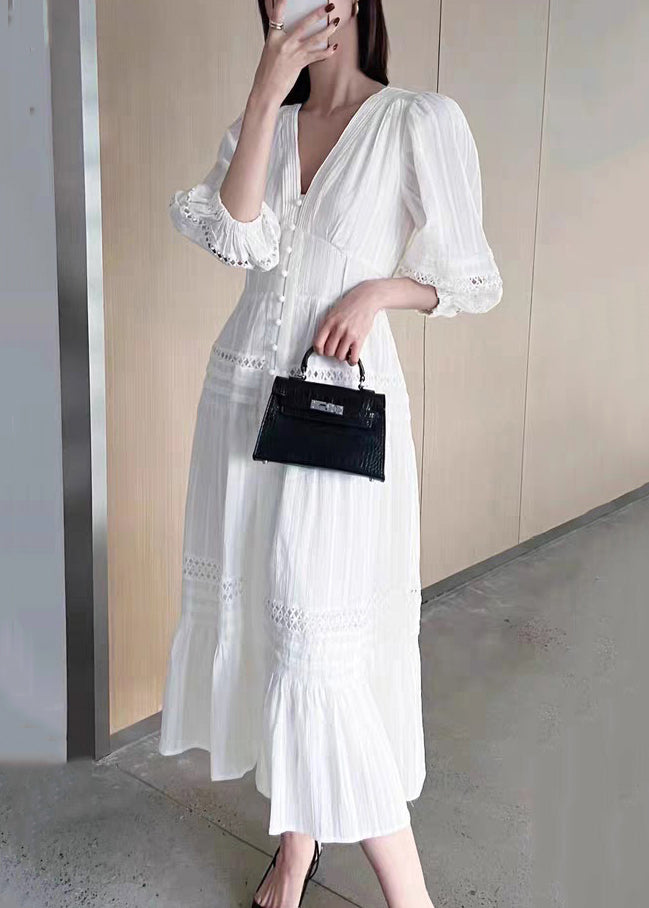 Hollow Bracelet V Cotton Out White Sleeve French Neck Dress