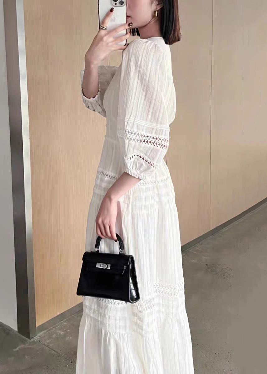 Hollow Bracelet V Cotton Out White Sleeve French Neck Dress