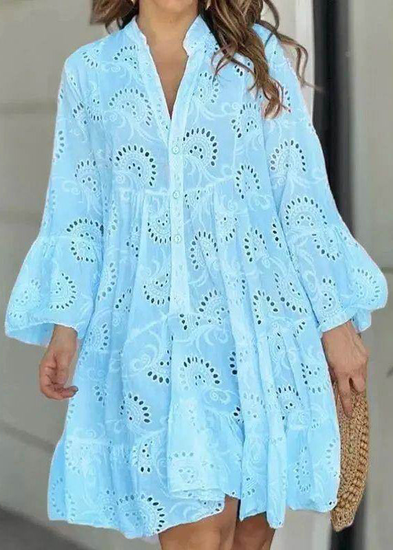 French Dress Out V Holiday White Hollow Long Neck Fall Lace